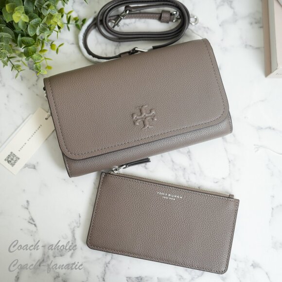 Tory Burch Thea Flat Wallet Crossbody 169971 in Wild Mushroom/Gray NWT - Picture 2 of 13